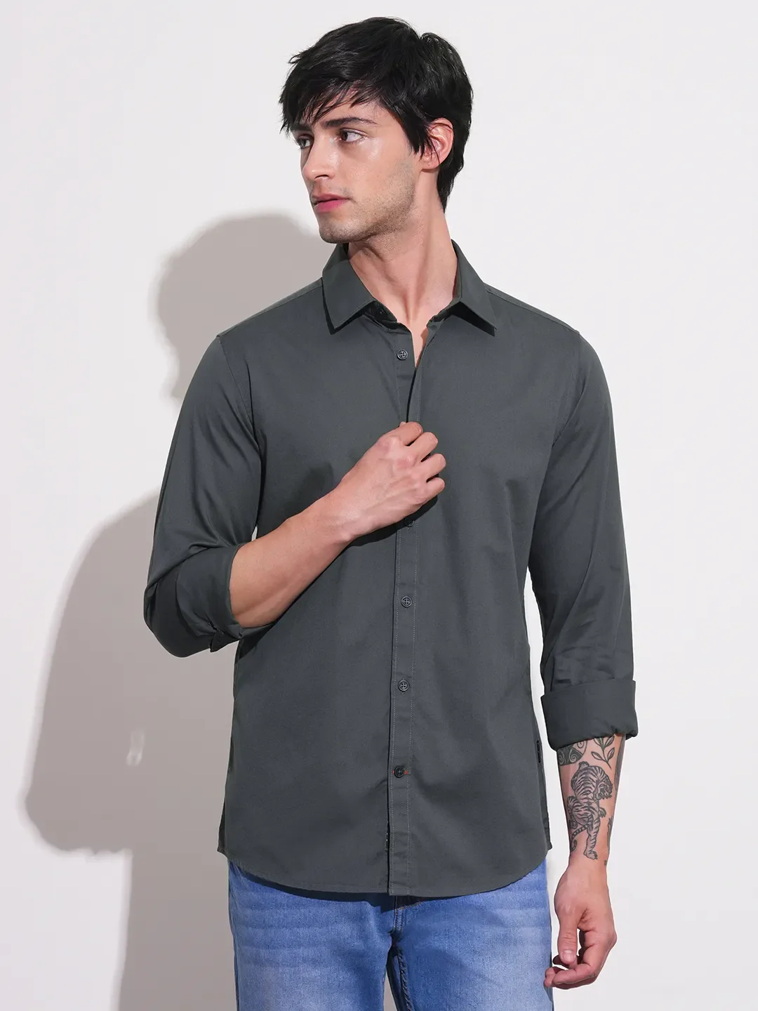 Grey Slim Straight Fit Regular Collar Long Sleeves Men's Shirt by Being Human Clothing