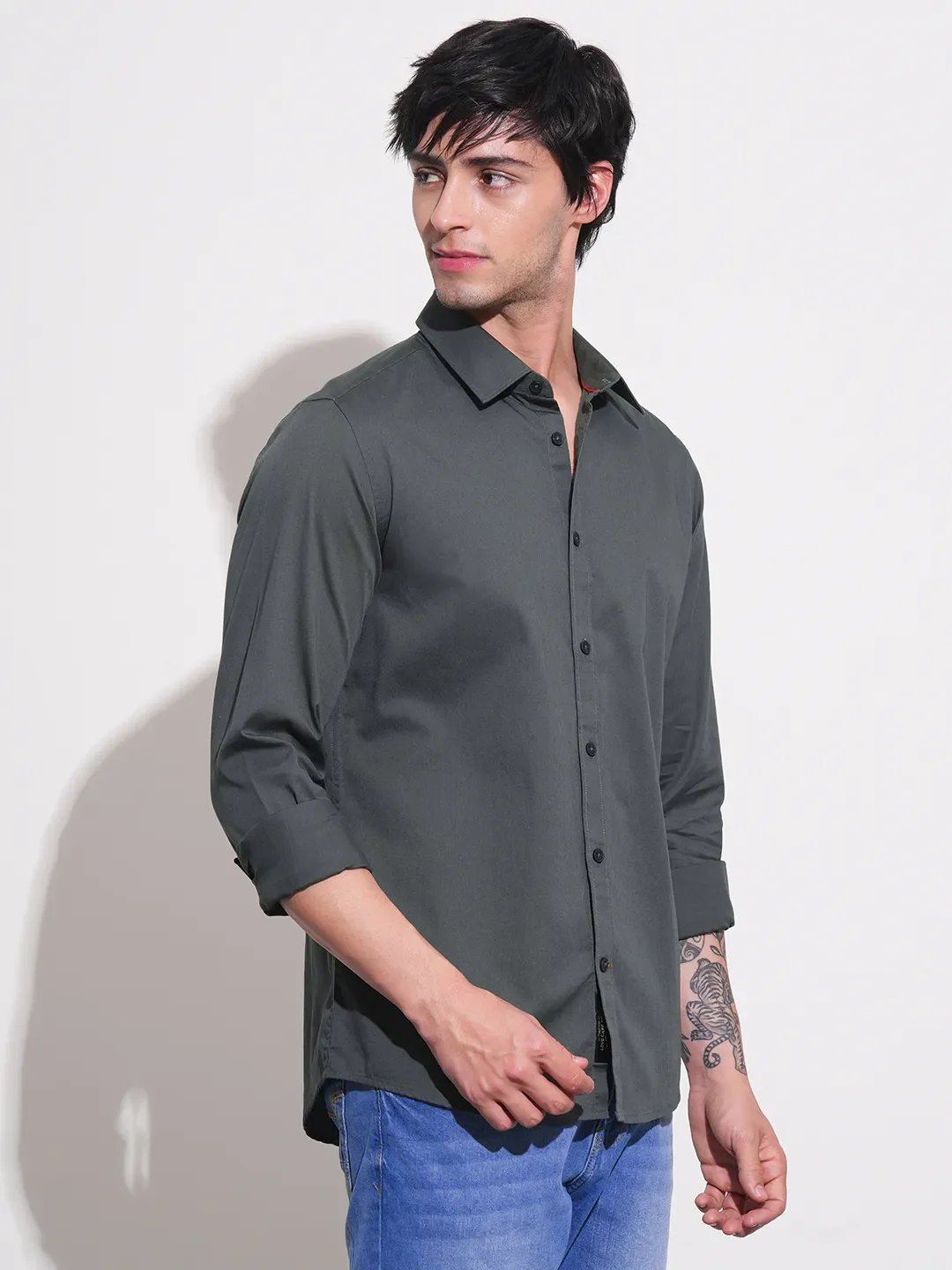 Grey Slim Straight Fit Regular Collar Long Sleeves Men's Shirt by Being Human Clothing - Image 2