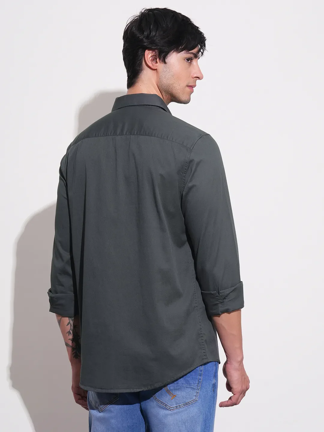 Grey Slim Straight Fit Regular Collar Long Sleeves Men's Shirt by Being Human Clothing - Image 3