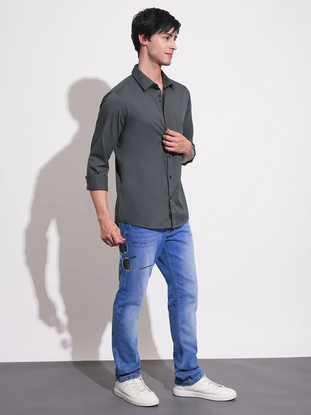 Grey Slim Straight Fit Regular Collar Long Sleeves Men's Shirt by Being Human Clothing - Image 4