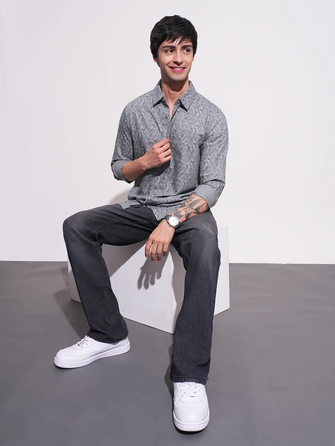 Grey Slim Straight Fit Regular Collar Long Sleeves Men's Shirt by Being Human Clothing - Image 4
