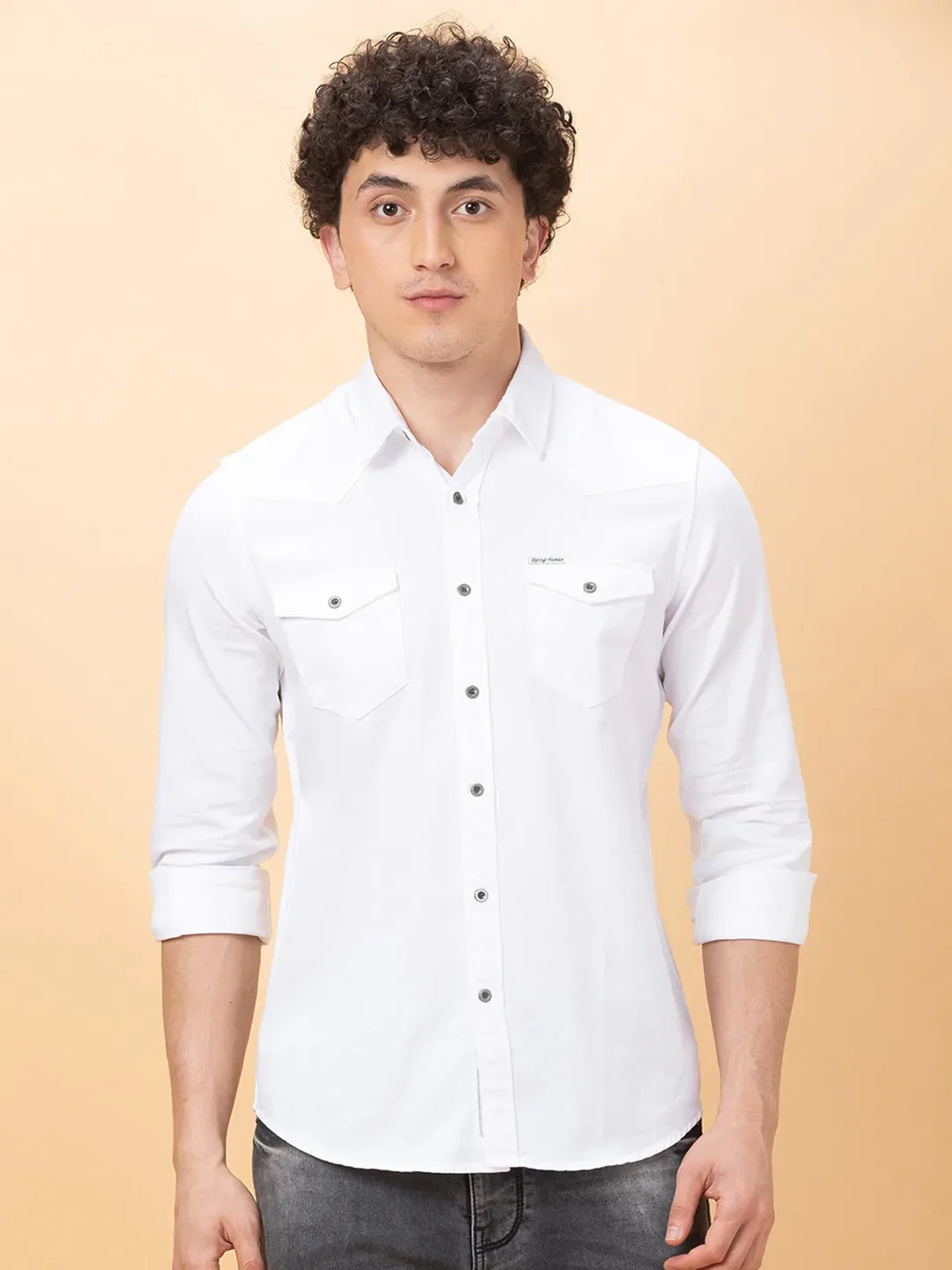 White Slim Fit Regular Collar Men's Shirt by Being Human Clothing