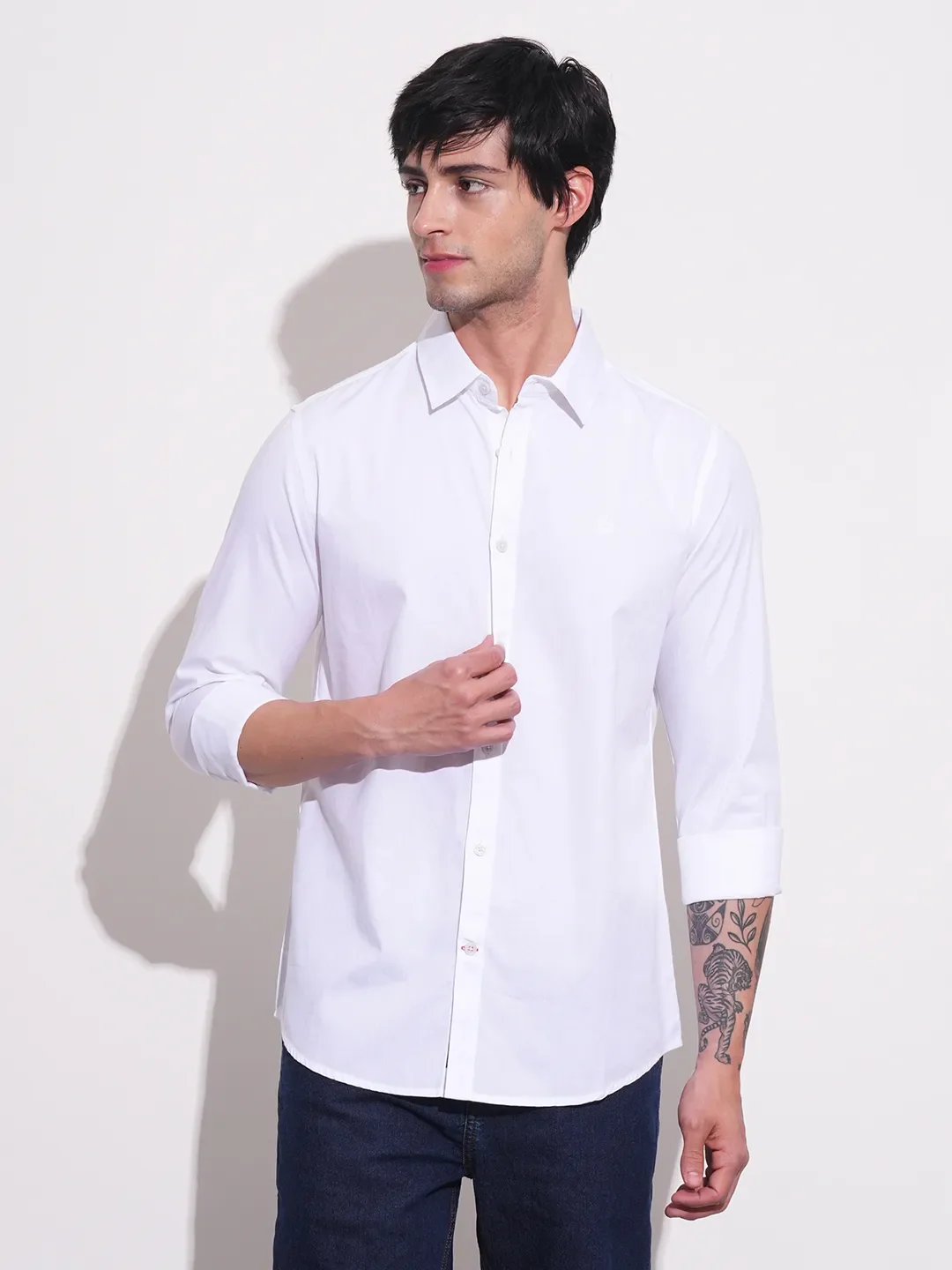 White Slim Straight Fit Regular Collar Long Sleeves Men's Shirt by Being Human Clothing