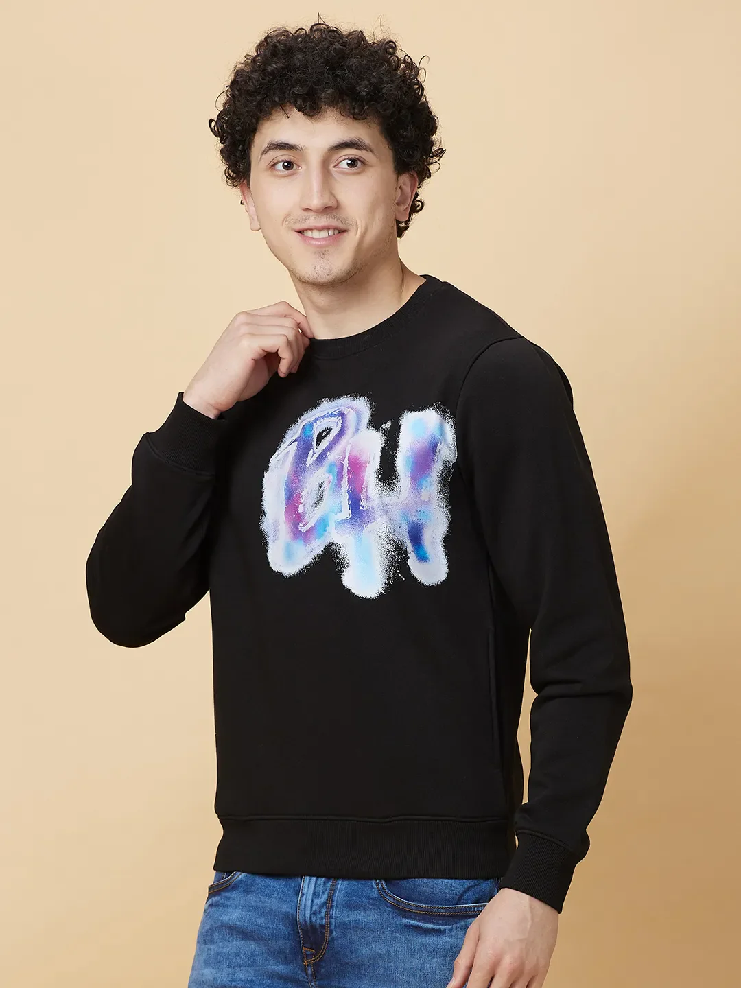 Black Regular Fit Round Neck Men's Sweatshirt by Being Human Clothing - Image 4