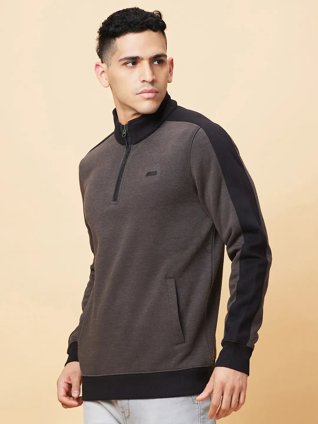 Brown Regular Fit High Neck Long Sleeves Men's Sweatshirt by Being Human Clothing - Image 4