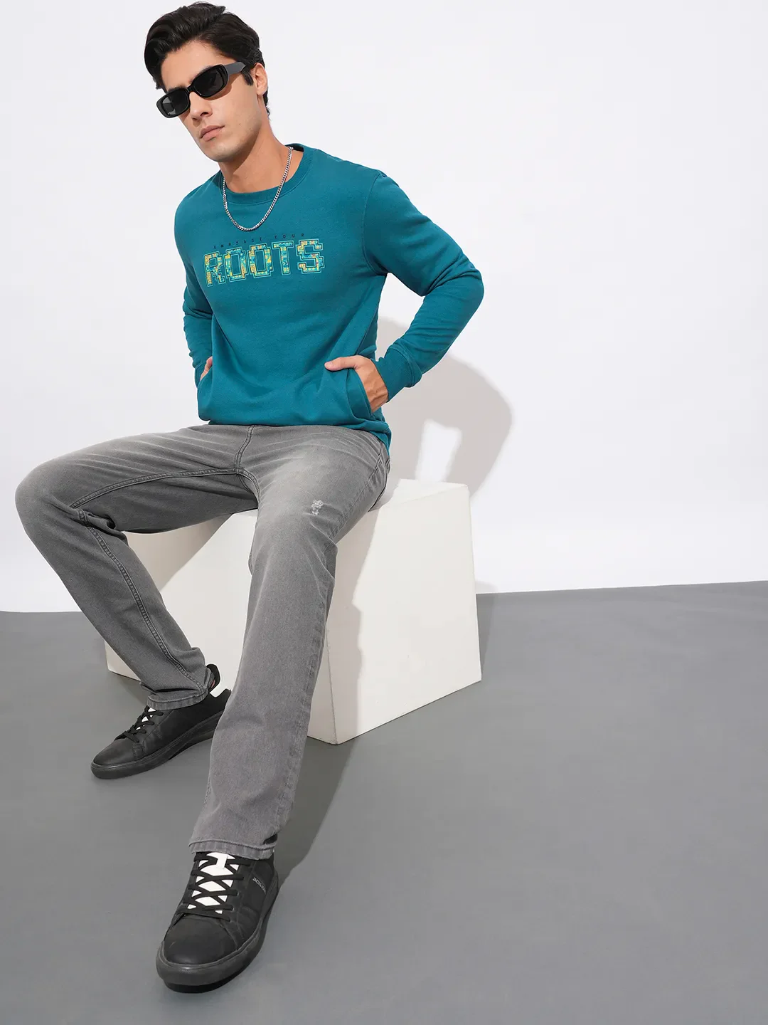 Teal Regular Fit Round Neck Men's Sweatshirt by Being Human Clothing - Image 4