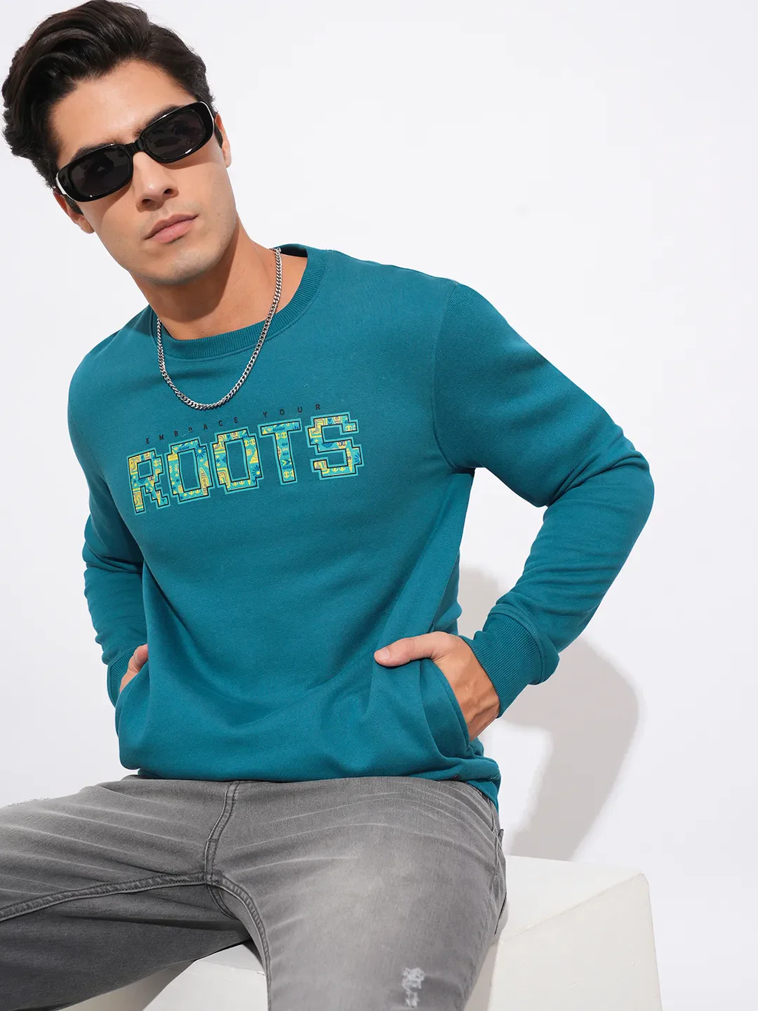 Teal Regular Fit Round Neck Men's Sweatshirt by Being Human Clothing - Image 6