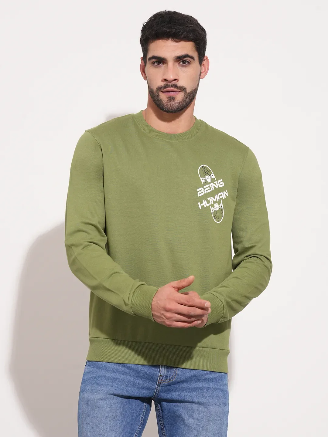 Green Regular Fit Round Neck Men's Sweatshirt by Being Human Clothing