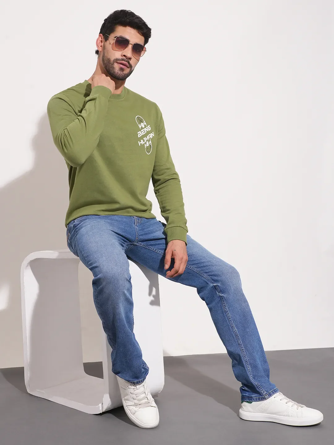 Green Regular Fit Round Neck Men's Sweatshirt by Being Human Clothing - Image 2