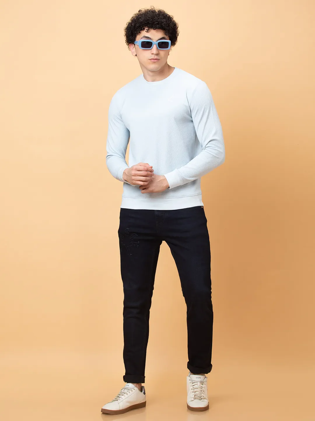 Light Blue Slim Fit Round Neck Men's Sweatshirt by Being Human Clothing - Image 6