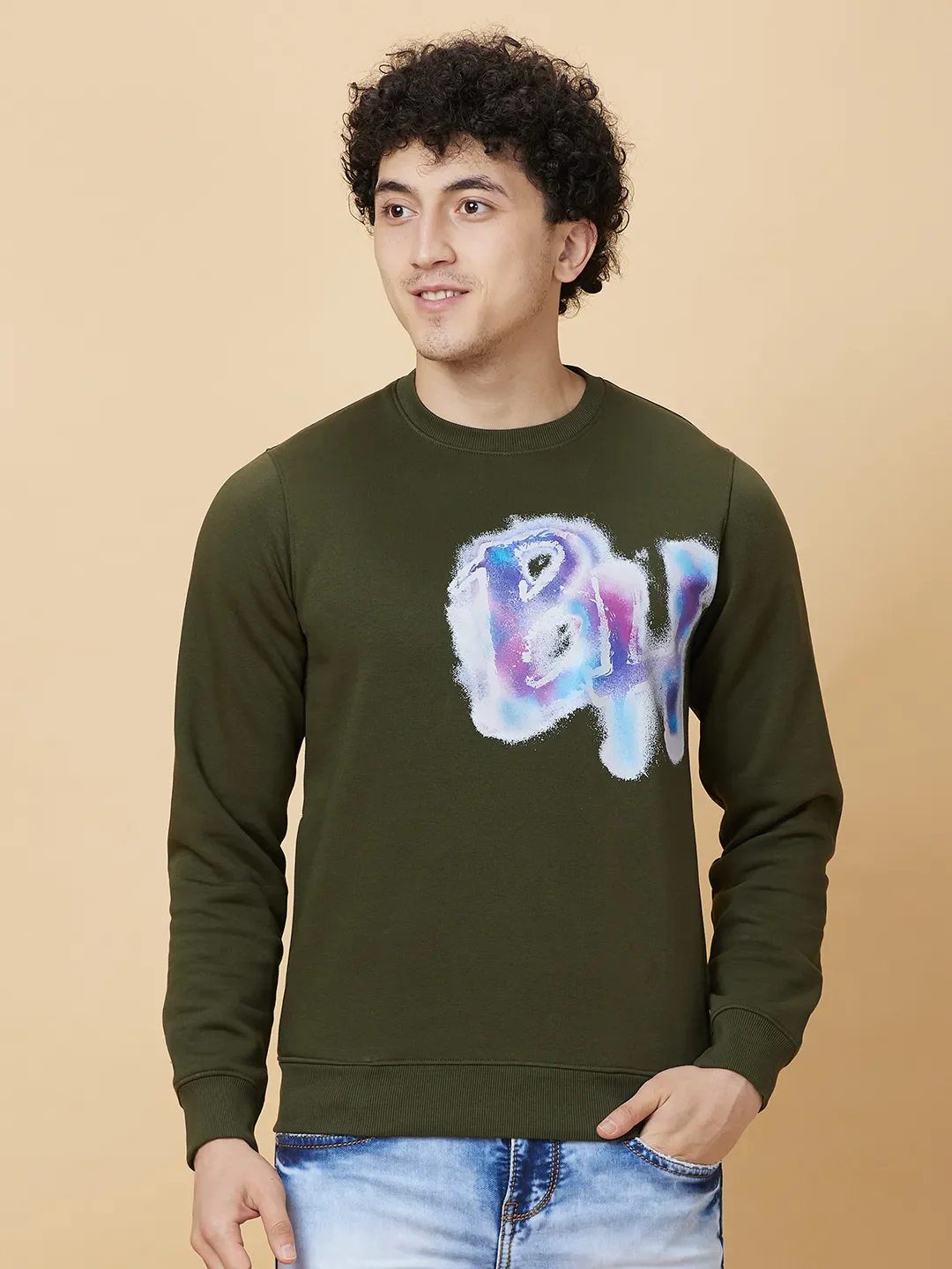 Olive Regular Fit Round Neck Men's Sweatshirt by Being Human Clothing