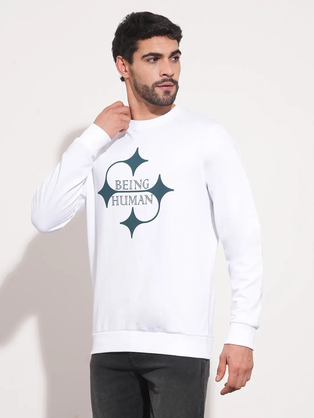 White Regular Fit Round Neck Long Sleeves Men's Sweatshirt by Being Human Clothing - Image 4