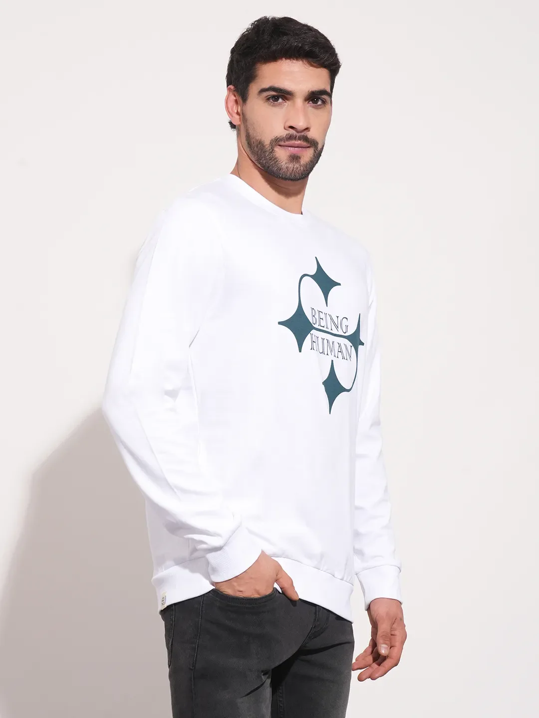 White Regular Fit Round Neck Long Sleeves Men's Sweatshirt by Being Human Clothing - Image 7