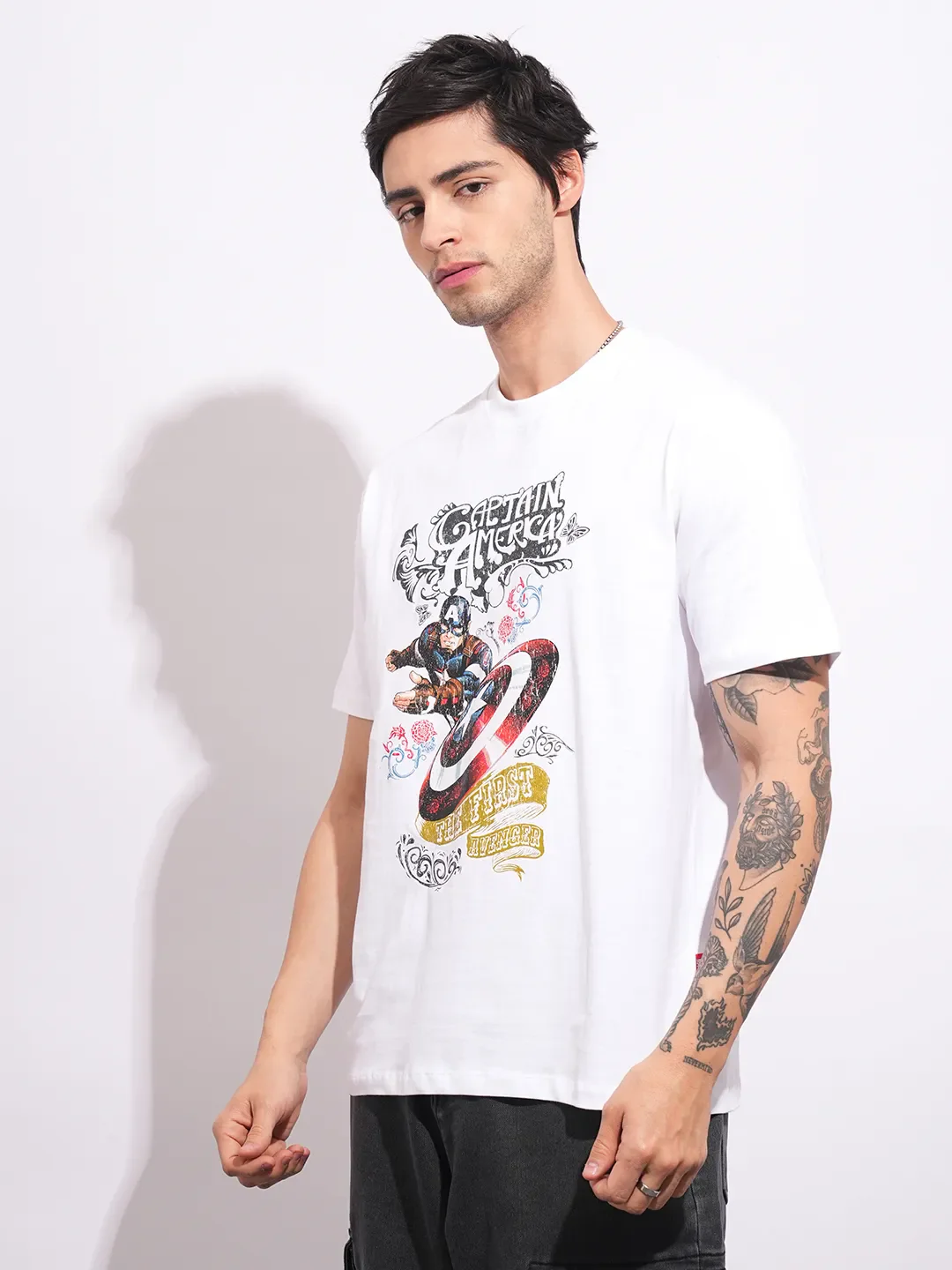Captain America White Easy Fit Round Neck Men's T-Shirt by Being Human Clothing - Image 2