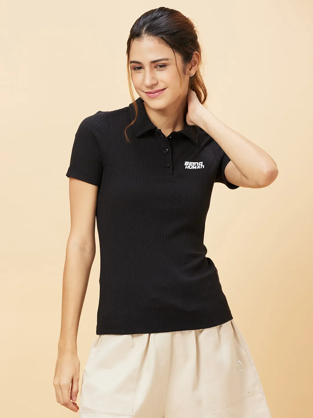 Black Slim Fit Women's Cotton T-Shirt By Being Human Clothing
