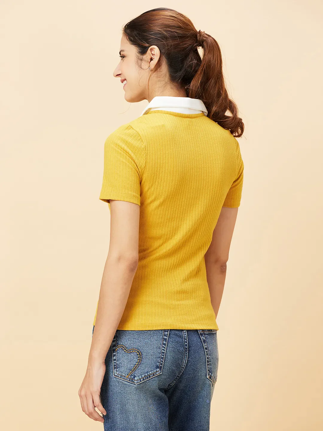 Golden Yellow Slim Fit Women's Cotton T-Shirt By Being Human Clothing - Image 4