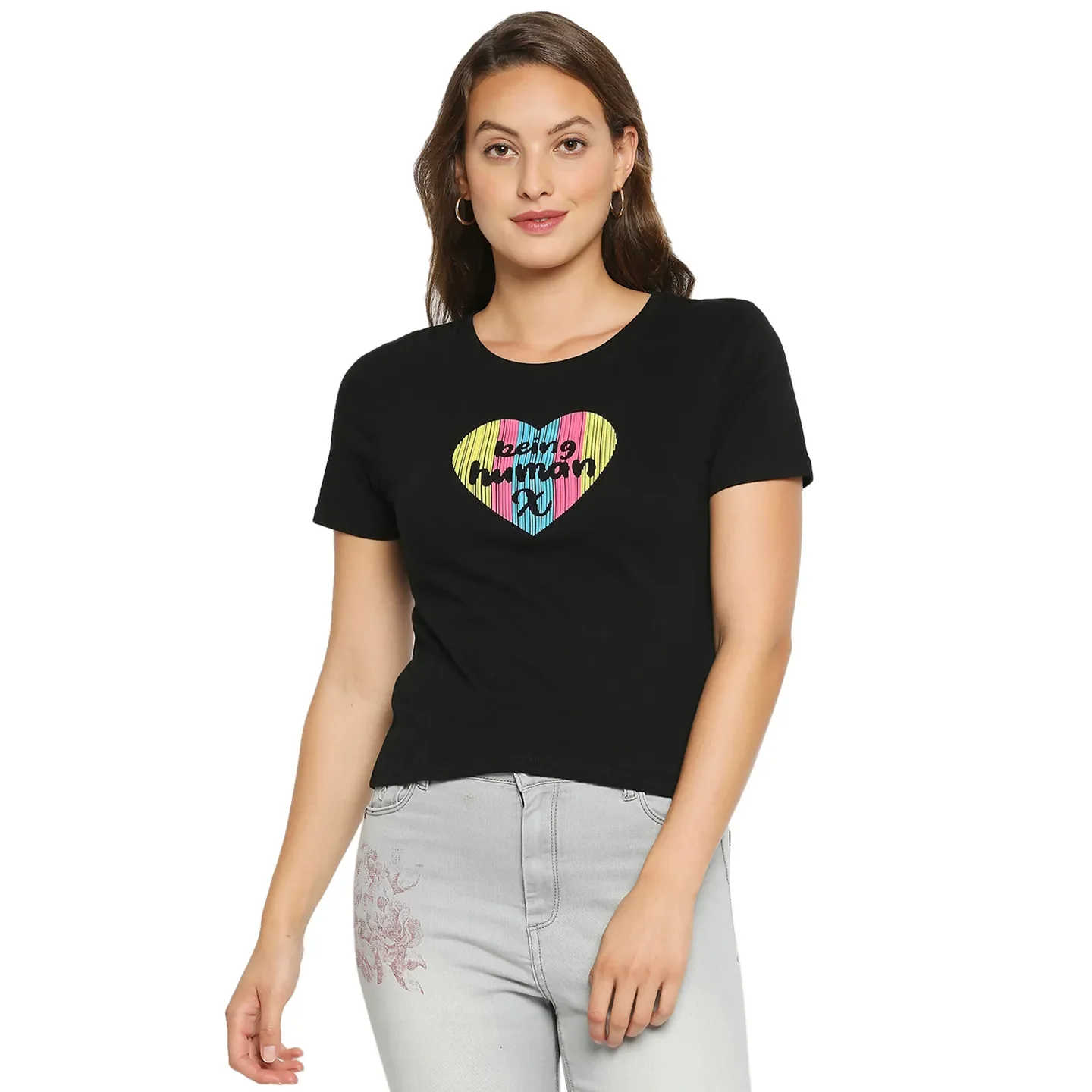 Black Regular Fit Round Neck Short Sleeves Cotton Women's T-Shirt by Being Human Clothing