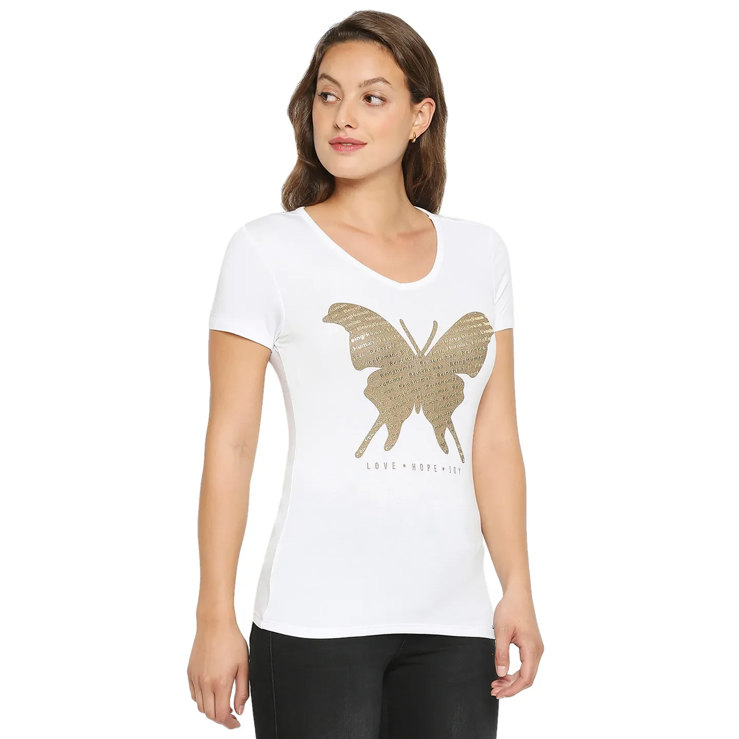 White Regular Fit Round Neck Short Sleeves Cotton Women's T-Shirt by Being Human Clothing - Image 2