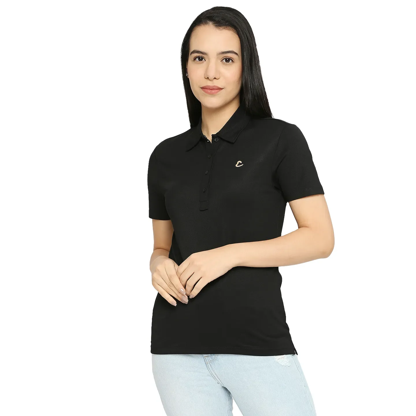 Black Semi Fit Polo Collar Short Sleeves Cotton Women's T-Shirt by Being Human Clothing