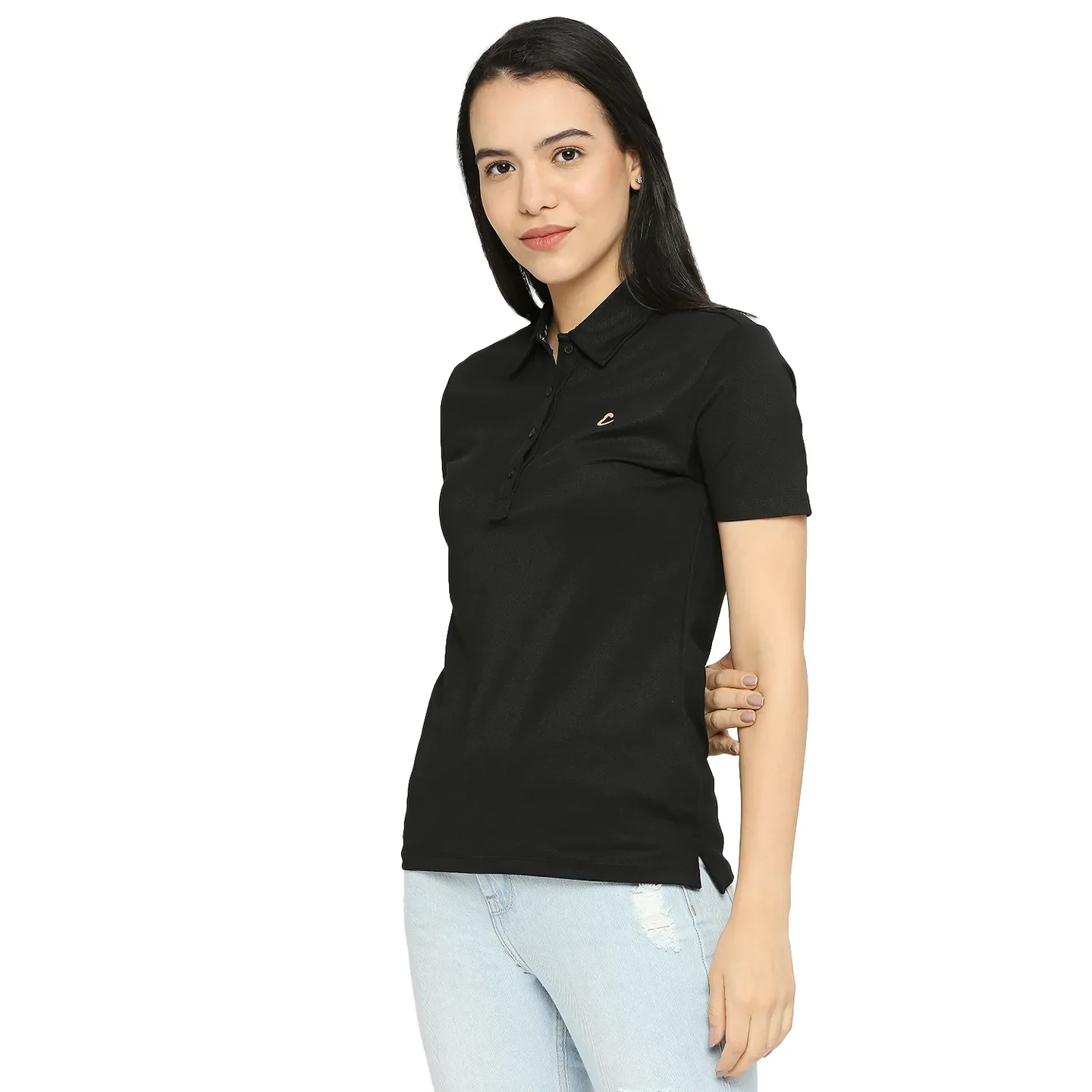 Black Semi Fit Polo Collar Short Sleeves Cotton Women's T-Shirt by Being Human Clothing - Image 2