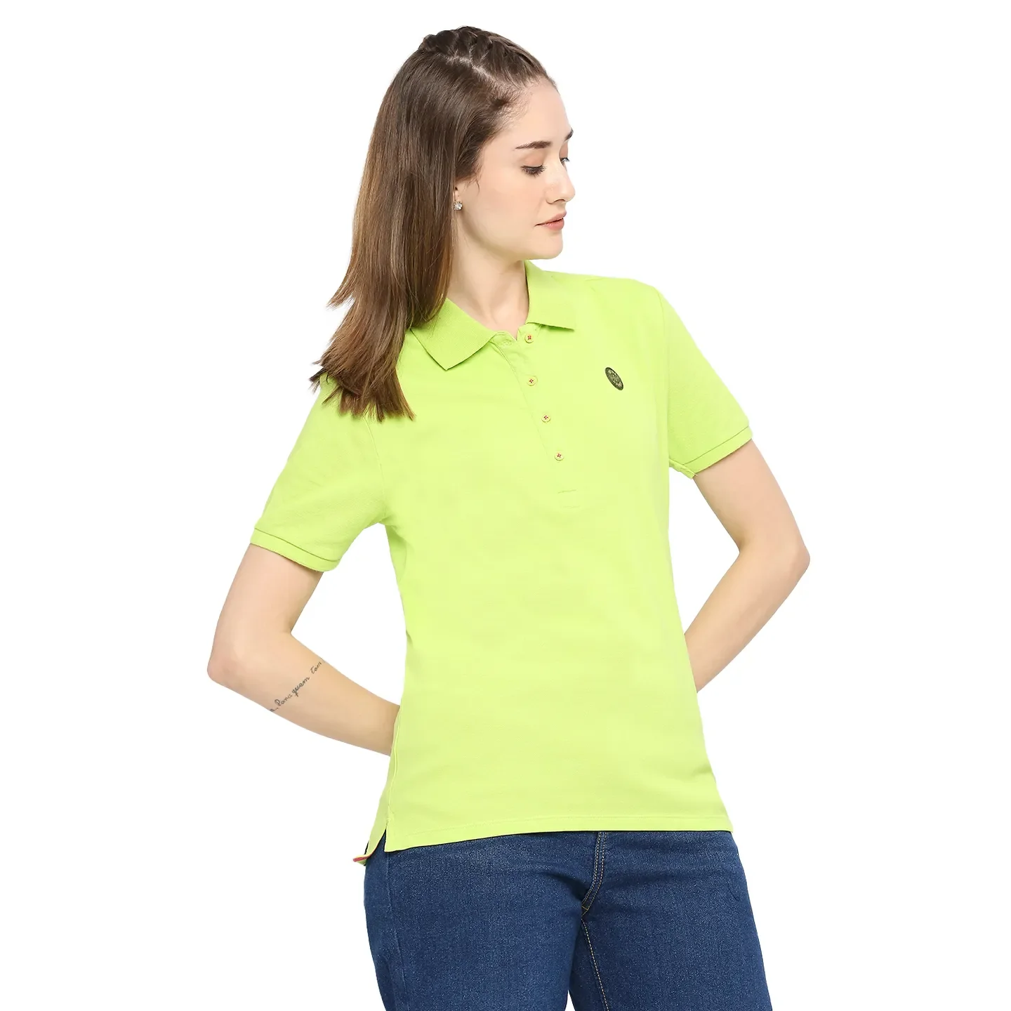 Green Semi Fit Polo Collar Short Sleeves Cotton Women's T-Shirt by Being Human Clothing - Image 3