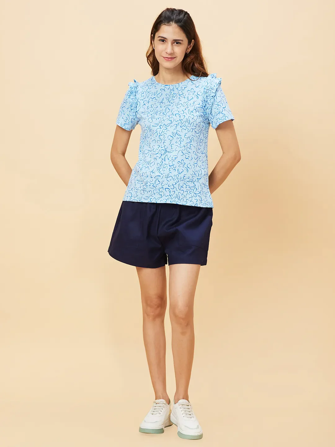 Blue High Rise Women's Cotton Blend Shorts By Being Human Clothing - Image 6