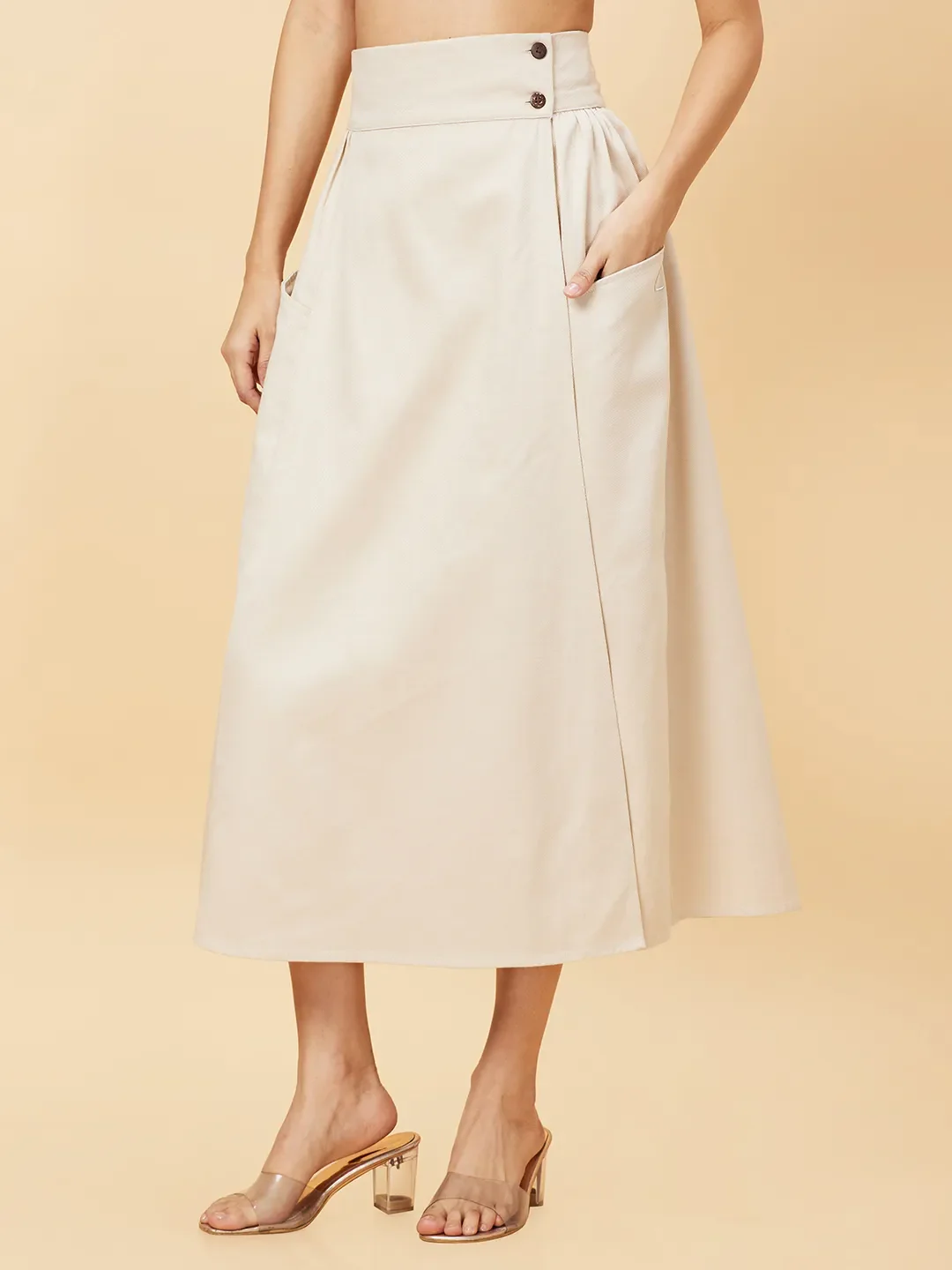 Off White Flared Regular Fit Women's Cotton Blend Skirt By Being Human Clothing - Image 3