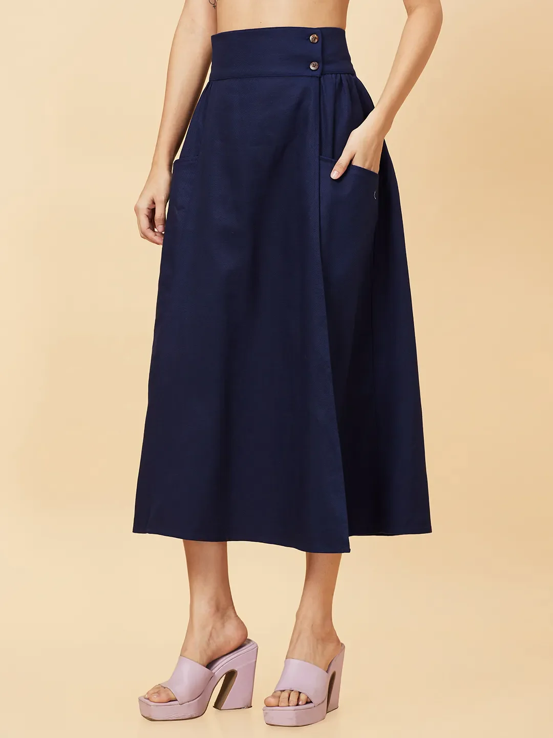 Blue Flared Regular Fit Women's Cotton Blend Skirt By Being Human Clothing - Image 3