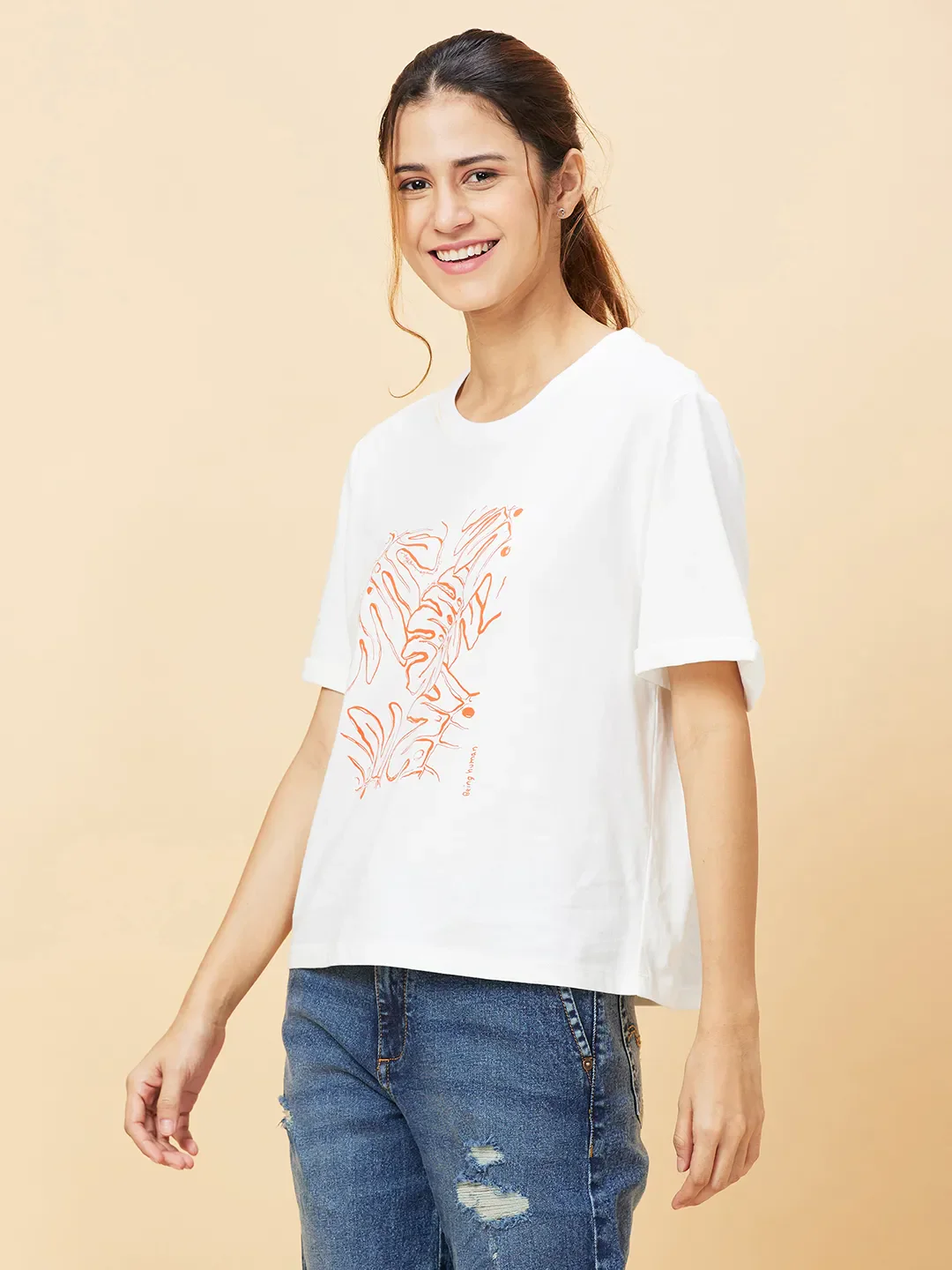 White Relaxed Fit Women's Cotton T-Shirt By Being Human Clothing - Image 3