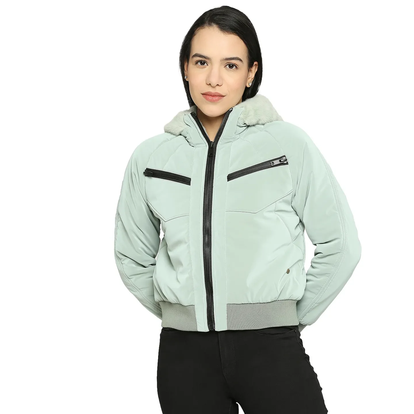Green Boxy Bomber Fit Long Sleeves Polyester Women's Jacket by Being Human Clothing