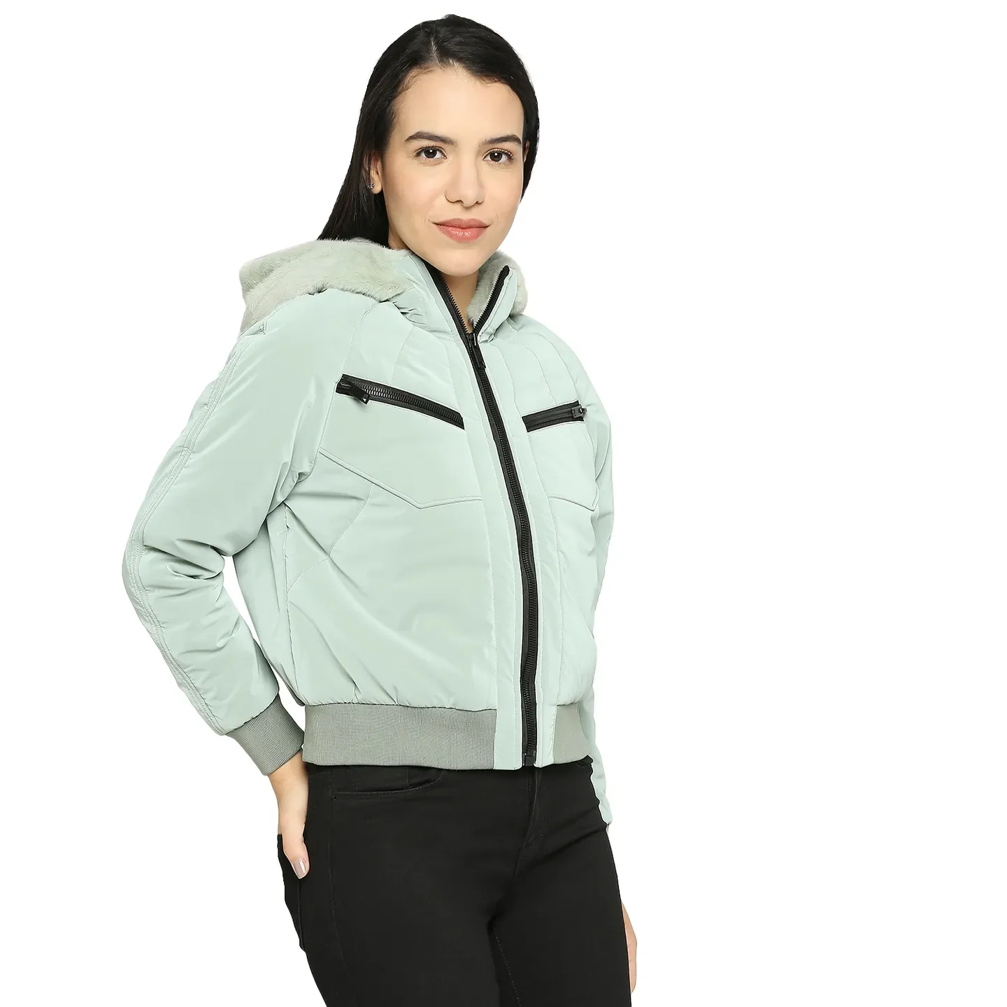 Green Boxy Bomber Fit Long Sleeves Polyester Women's Jacket by Being Human Clothing - Image 3