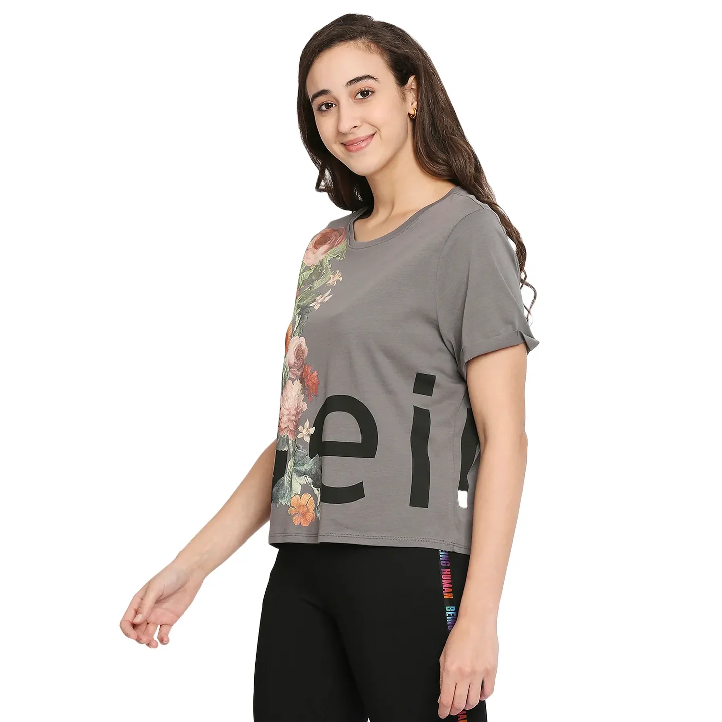 Grey Boxy Crop Fit Round Neck Short Sleeves Cotton Women's T-Shirt by Being Human Clothing - Image 2
