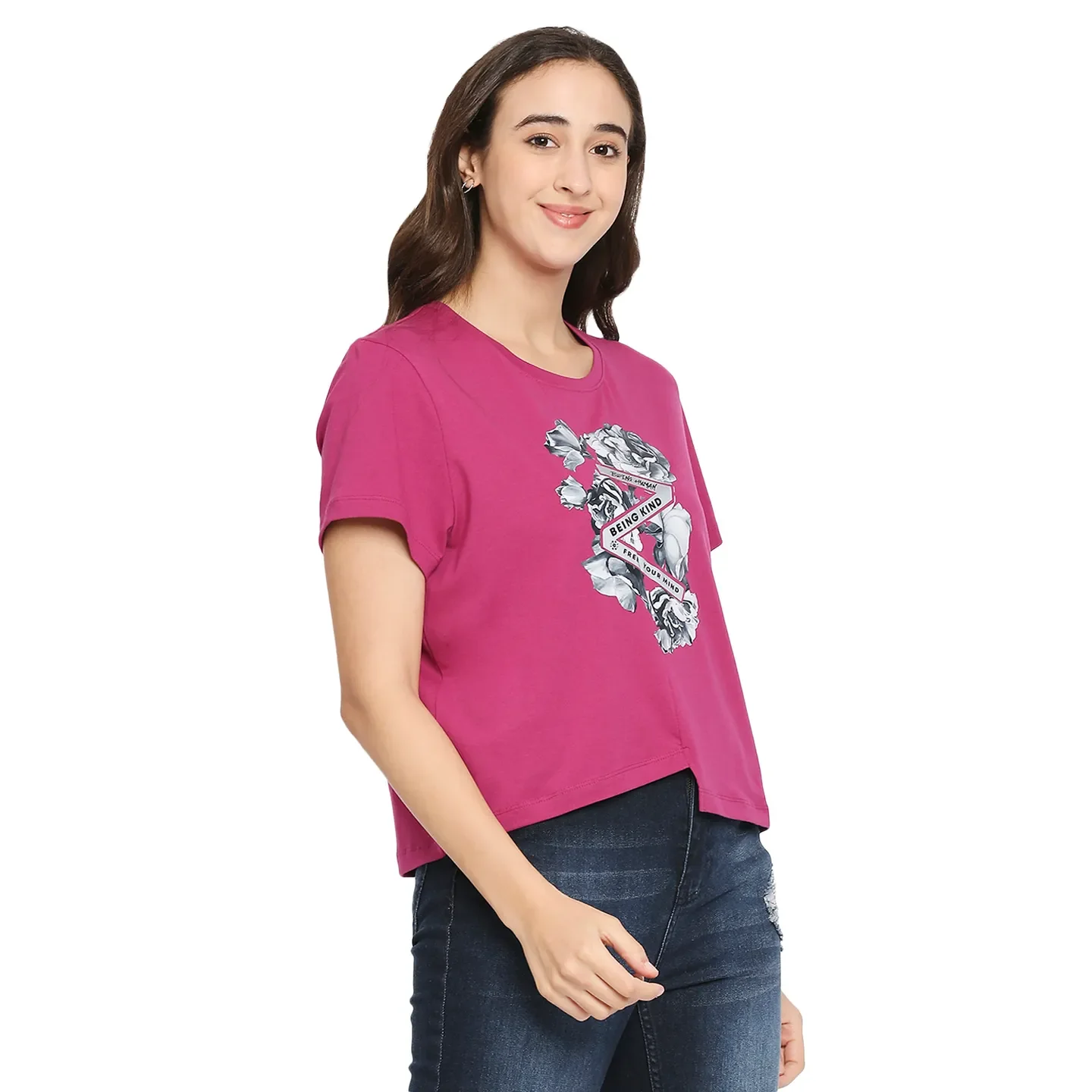 Fuchsia Boxy Fit Women's Cotton T-Shirt By Being Human Clothing - Image 3