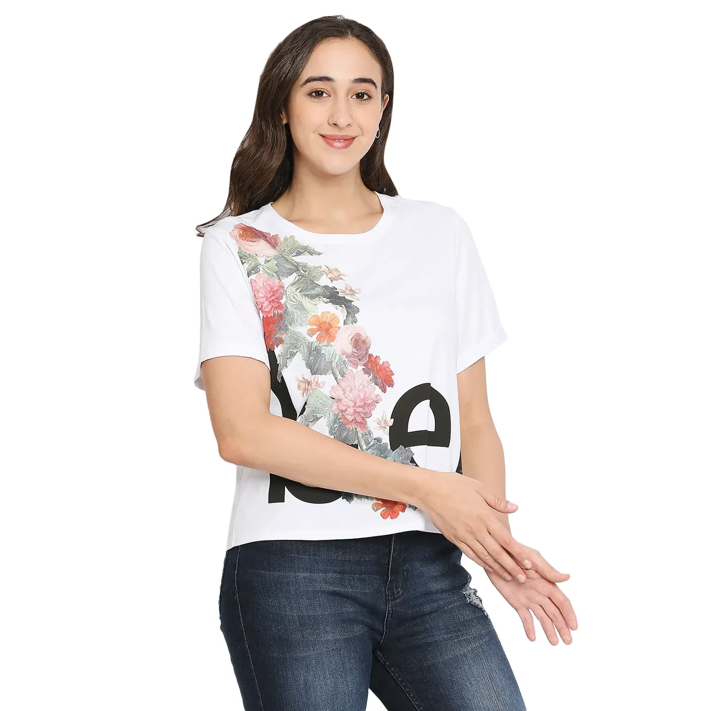 White Boxy Crop Fit Round Neck Short Sleeves Cotton Women's T-Shirt by Being Human Clothing - Image 3