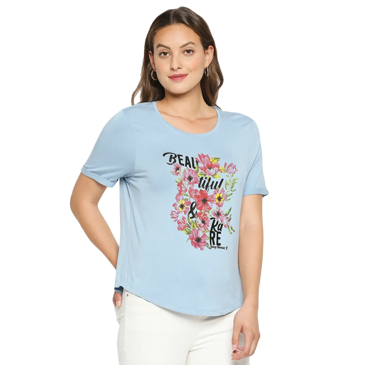 Blue Boxy Fit Round Neck Short Sleeves Modal Lycra Women's T-Shirt by Being Human Clothing