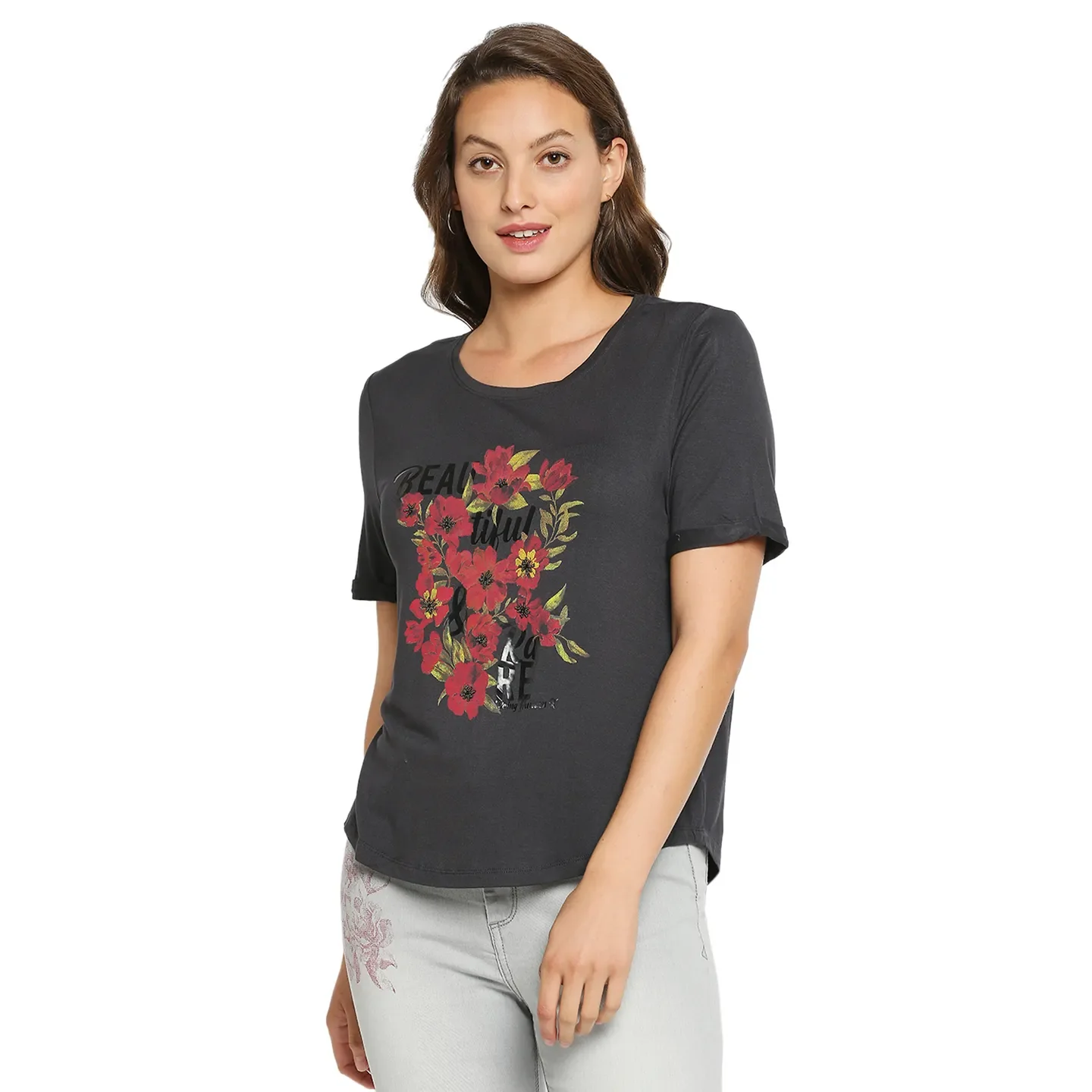 Grey Boxy Fit Round Neck Short Sleeves Modal Lycra Women's T-Shirt by Being Human Clothing