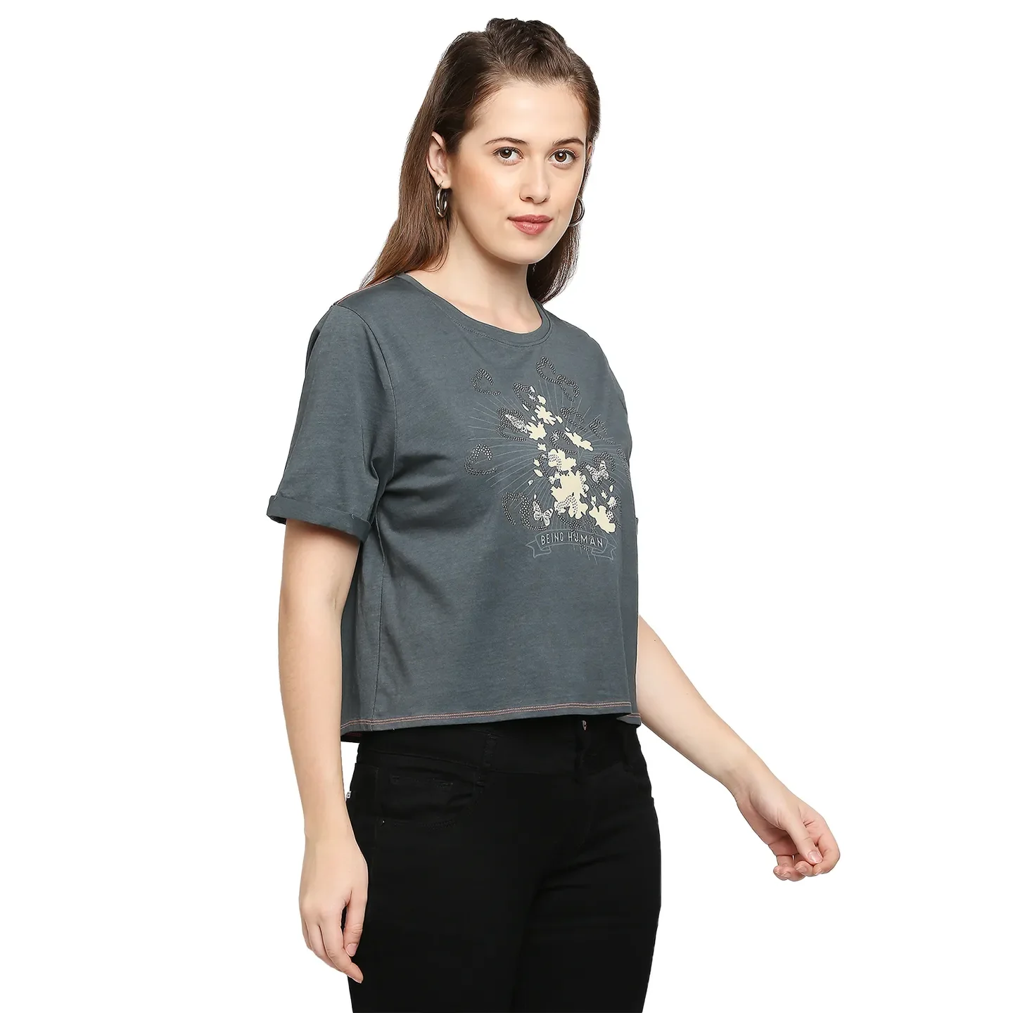 Grey Boxy Crop Fit Round Neck Short Sleeves Cotton Women's T-Shirt by Being Human Clothing - Image 3