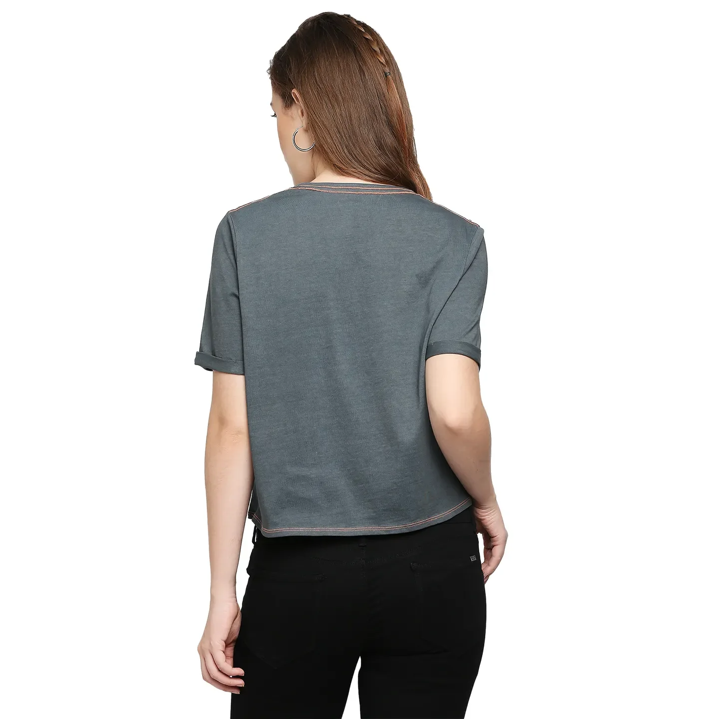 Grey Boxy Crop Fit Round Neck Short Sleeves Cotton Women's T-Shirt by Being Human Clothing - Image 4