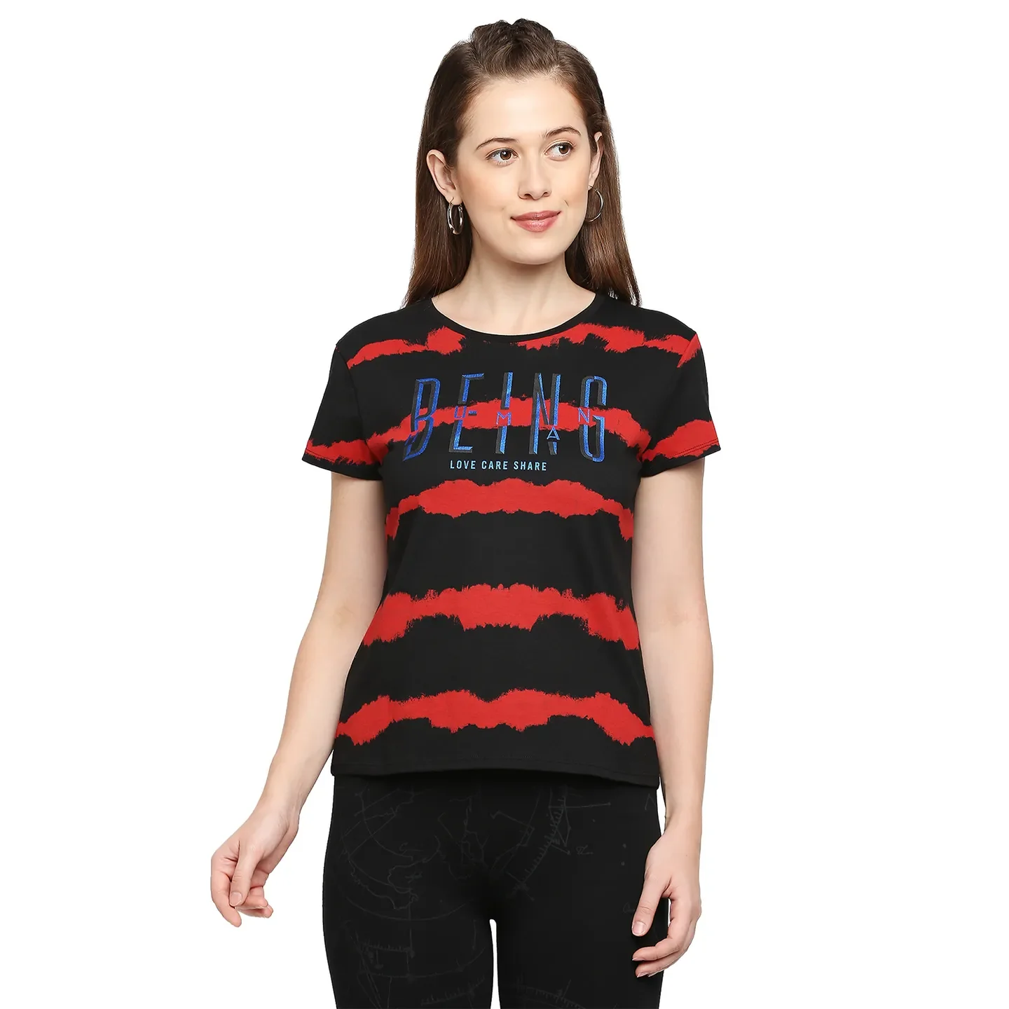 Black Boxy Fit Round Neck Short Sleeves Cotton Women's T-Shirt by Being Human Clothing