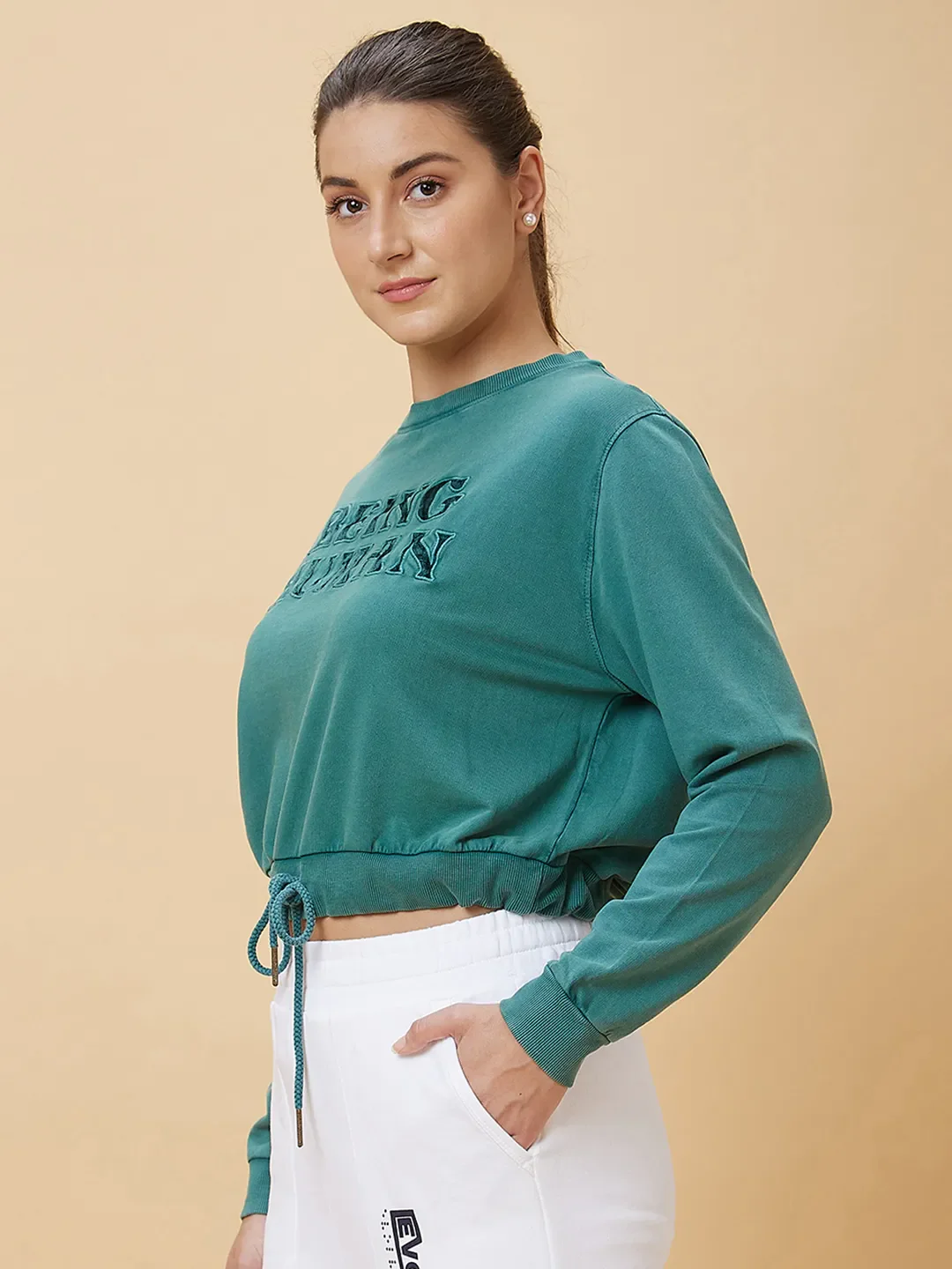 Green Boxy Fit Women's Cotton Cropped Sweatshirt By Being Human Clothing - Image 4