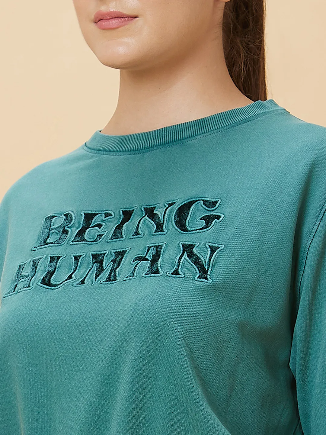 Green Boxy Fit Women's Cotton Cropped Sweatshirt By Being Human Clothing - Image 5