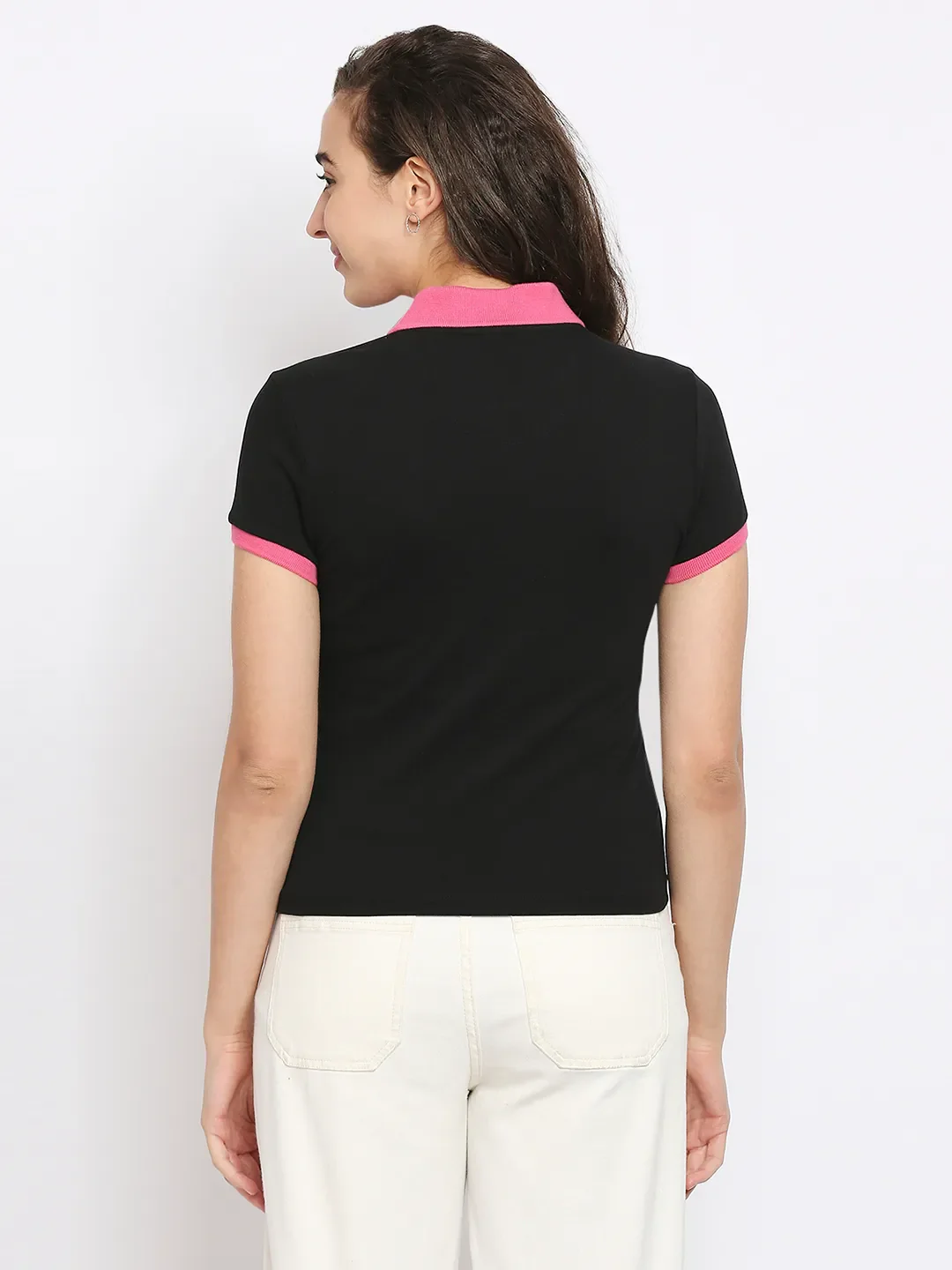 Black Crop Slim Fit Polo Collar Short Sleeves Cotton Women's T-Shirt by Being Human Clothing - Image 4