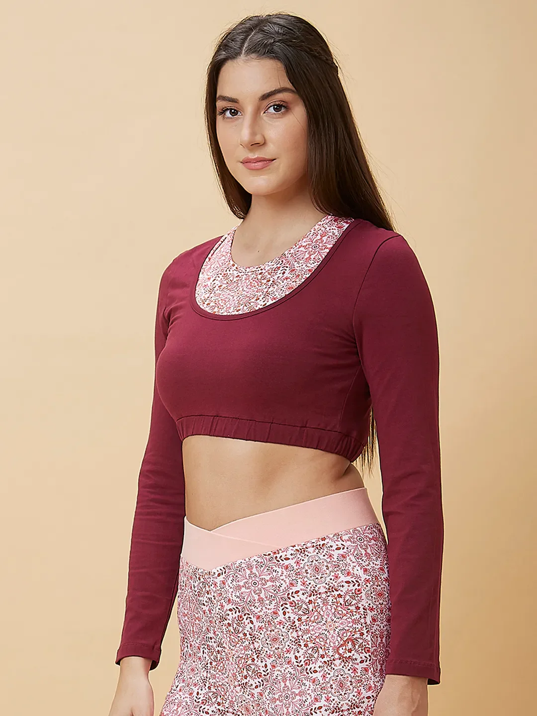Maroon Slim Fit Women's Long Sleeve Cropped T-Shirt By Being Human Clothing - Image 4