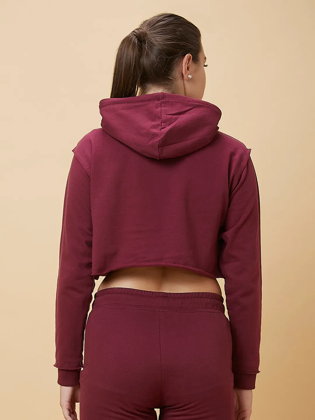 Maroon Boxy Fit Long Sleeve Women's Cropped Hoodie By Being Human Clothing - Image 3