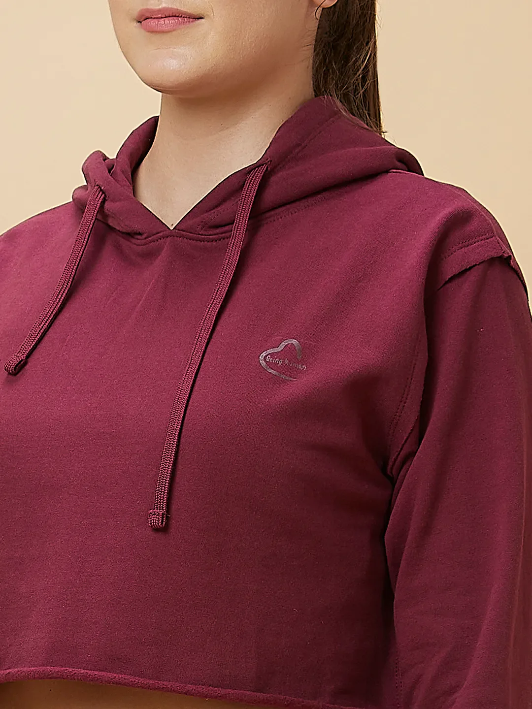 Maroon Boxy Fit Long Sleeve Women's Cropped Hoodie By Being Human Clothing - Image 5