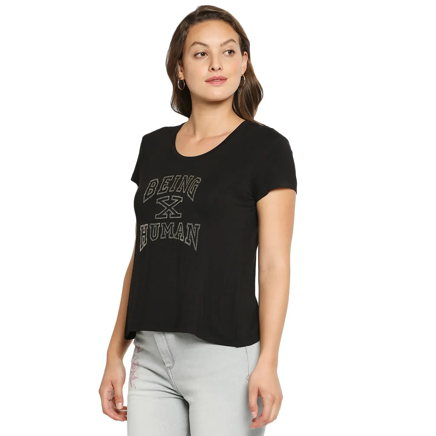 Black Easy Fit Round Neck Short Sleeves Cotton Women's T-Shirt by Being Human Clothing - Image 2