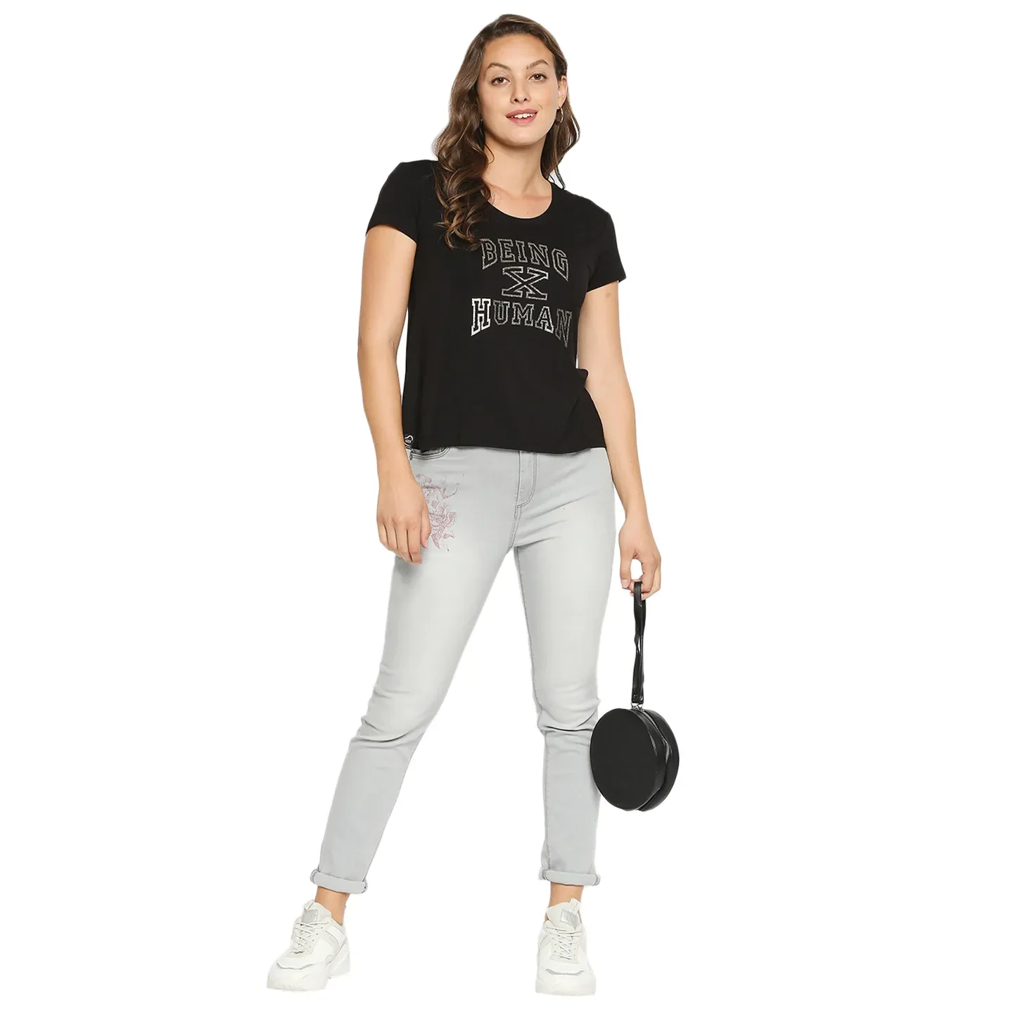 Black Easy Fit Round Neck Short Sleeves Cotton Women's T-Shirt by Being Human Clothing - Image 5
