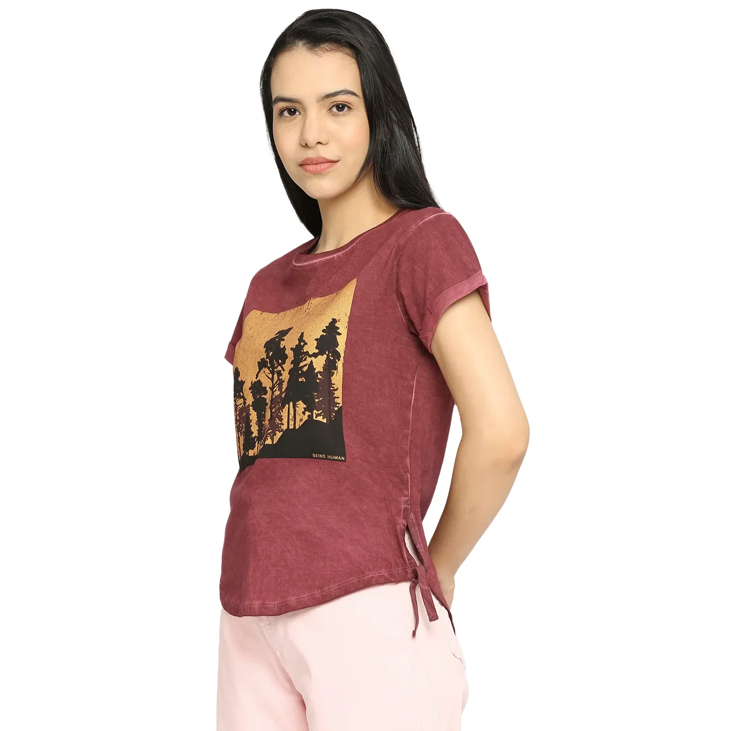 Maroon Easy Fit Women's Cotton T-Shirt By Being Human Clothing - Image 2