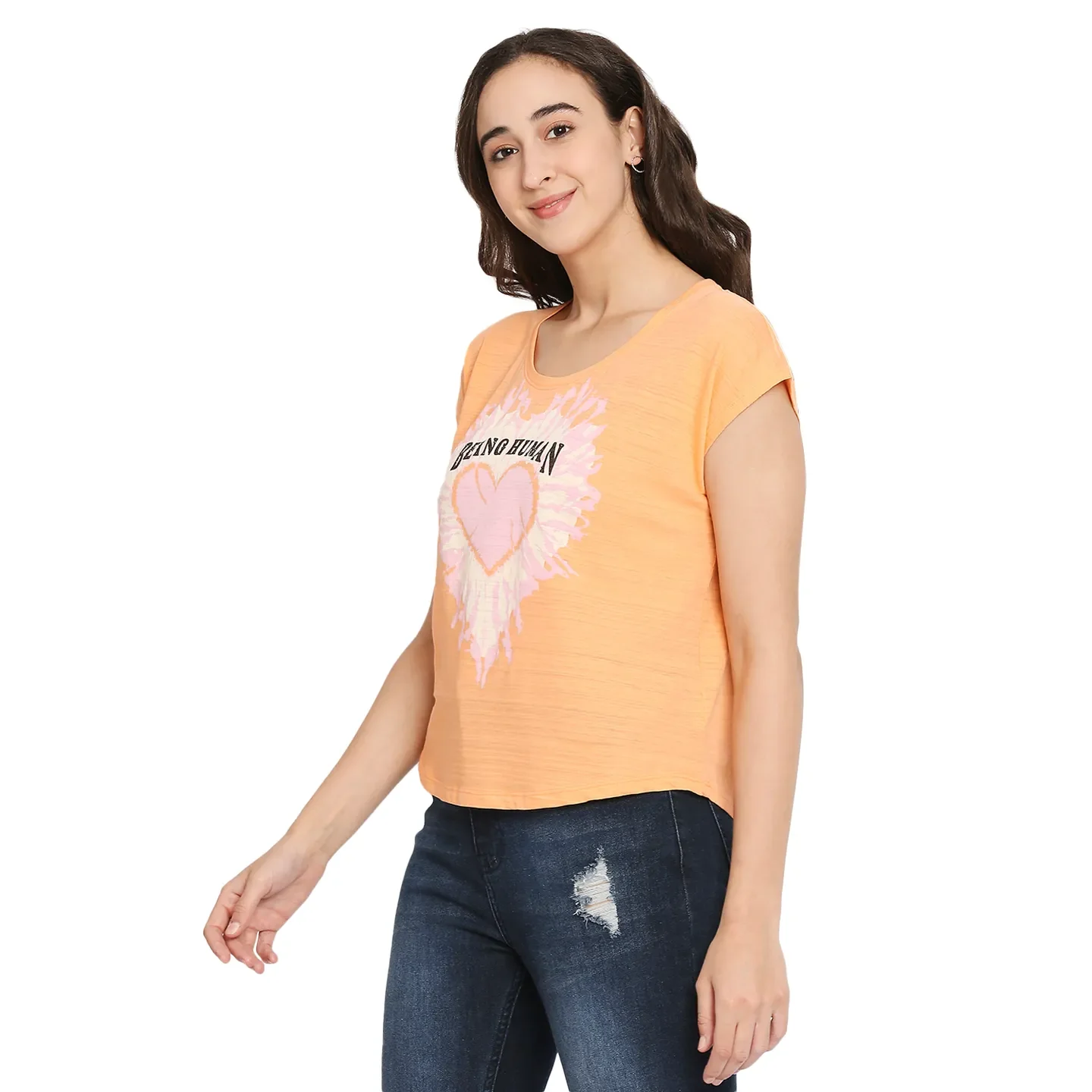 Orange Easy Fit Round Neck Short Sleeves Cotton Women's T-Shirt by Being Human Clothing - Image 2