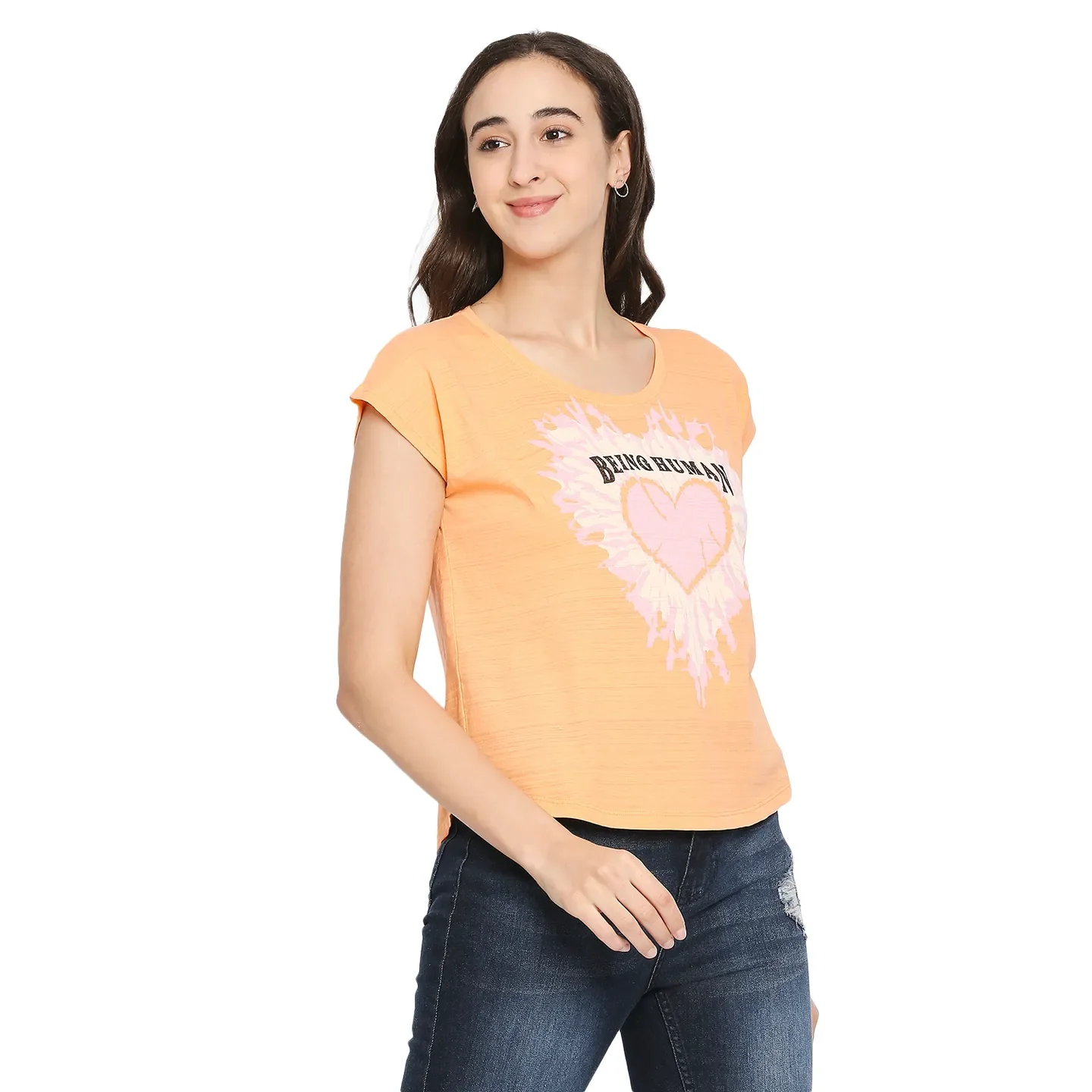 Orange Easy Fit Round Neck Short Sleeves Cotton Women's T-Shirt by Being Human Clothing - Image 3